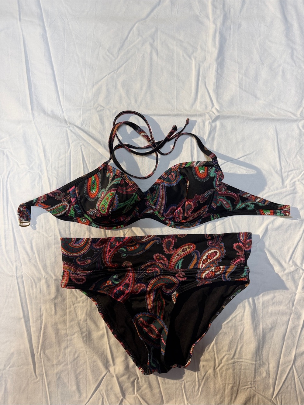 Victoria's Secret Black Paisley Bikini - Pink, Green & Orange Accents S/34D